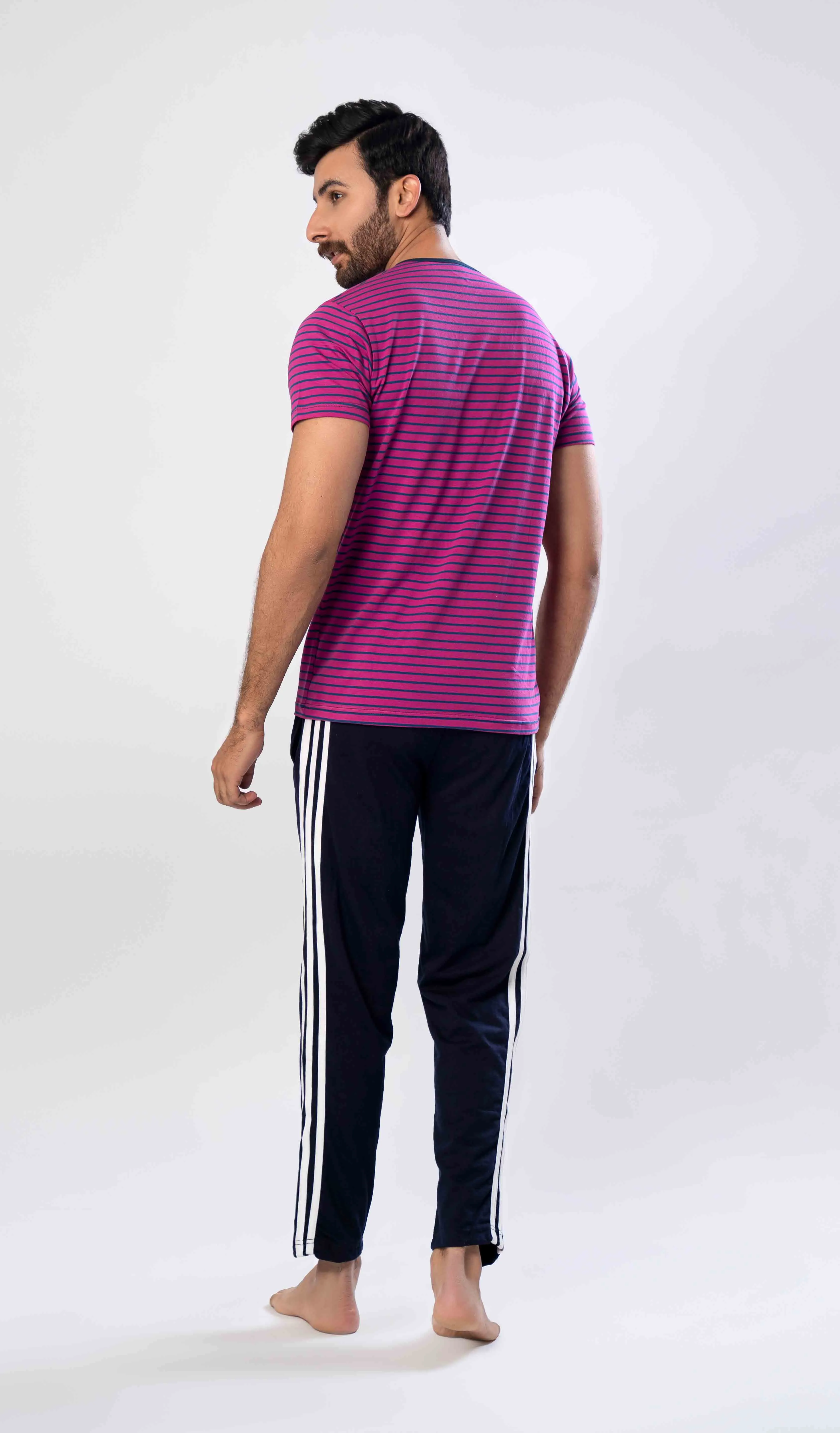 Men's Night Suit (Short Sleeves) Burgundy Stripe
