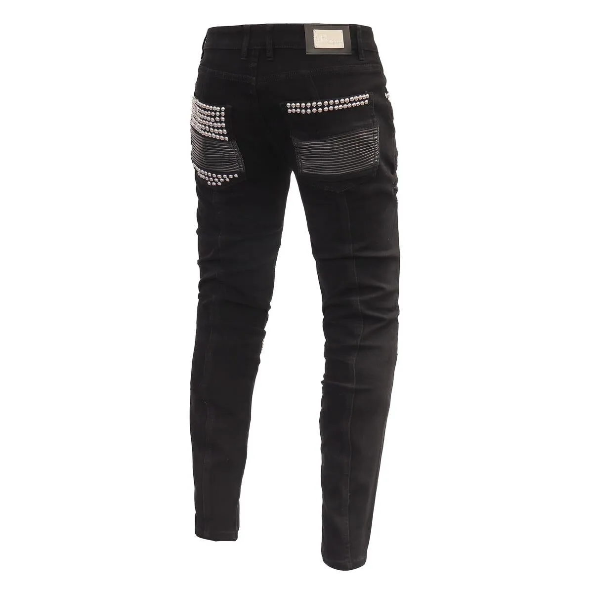 Men's Premier Denim Black Moto Jeans Pants Stretch Studded | DJ302