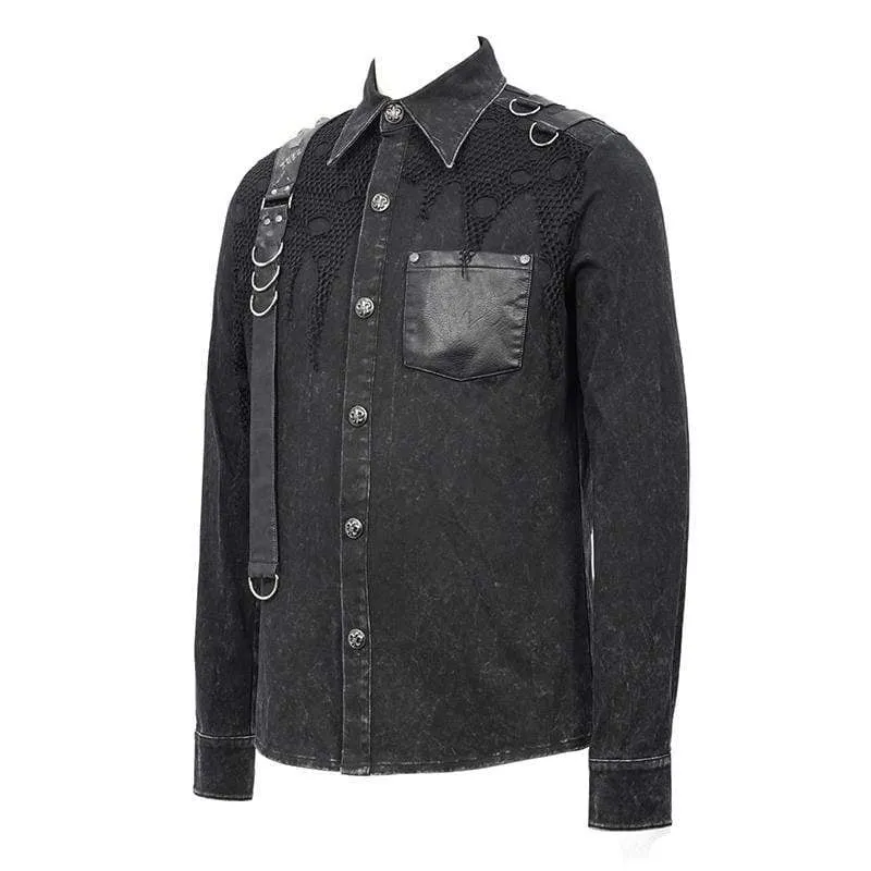 Men's Punk Mesh Applique Harness Denim Shirts