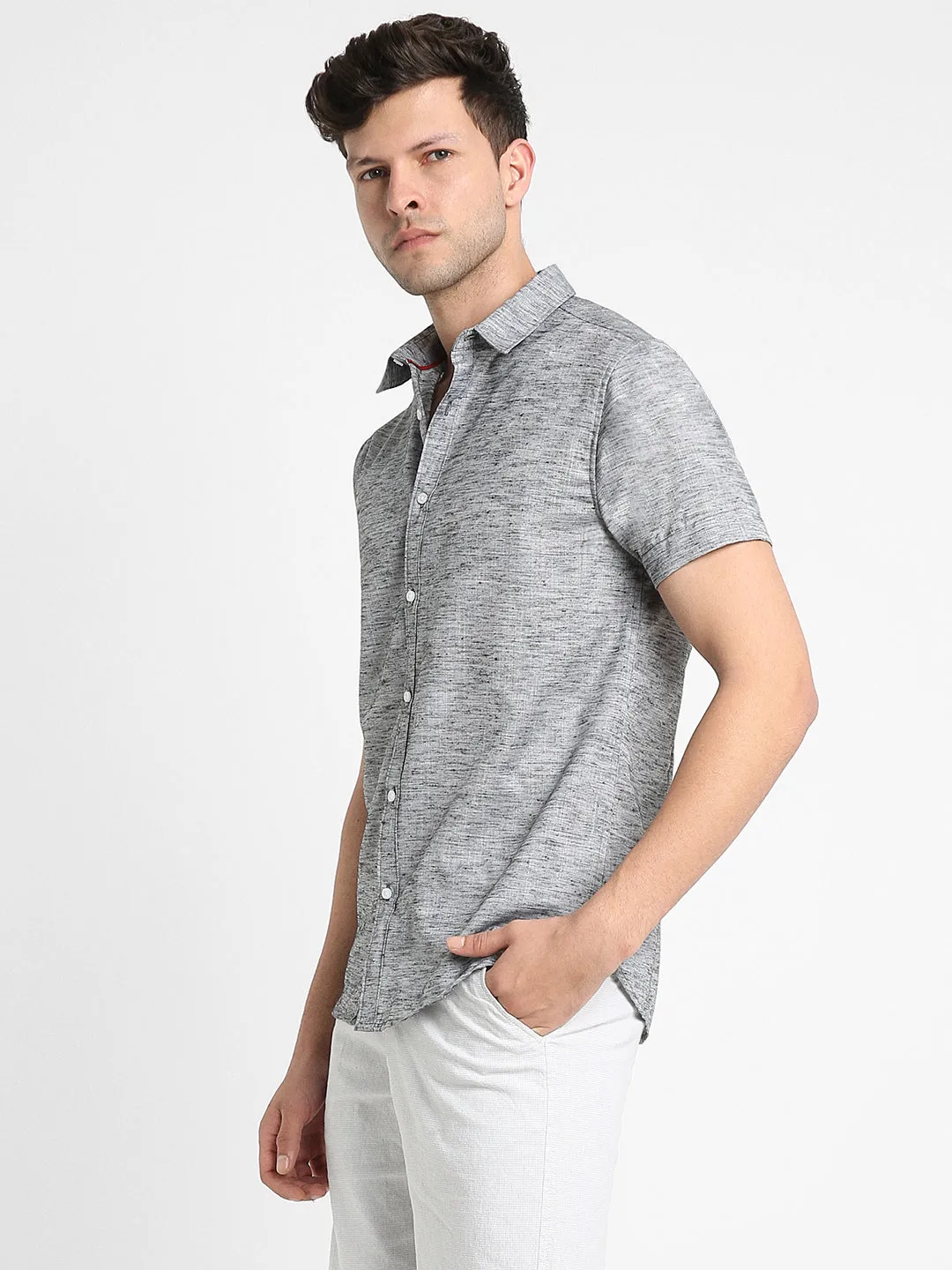 Men's Regular Collar Slim Fit Solid Grey Casual Shirts