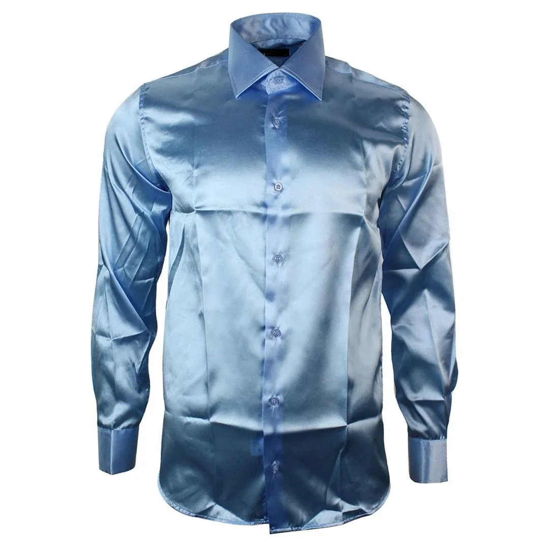 Mens Satin Silk Shirt Smart Casual Button Down Cuff Tailored Fit Shiny Party