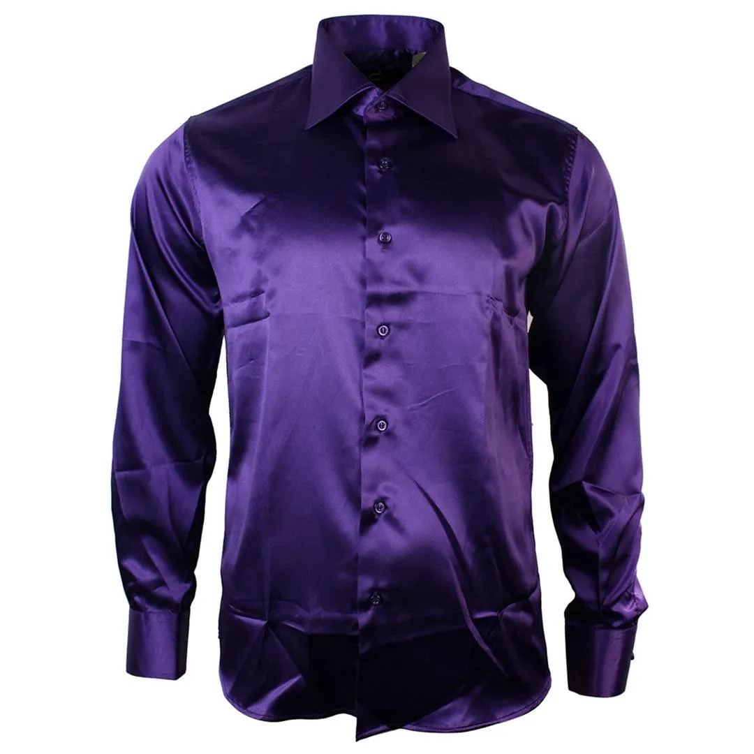 Mens Satin Silk Shirt Smart Casual Button Down Cuff Tailored Fit Shiny Party