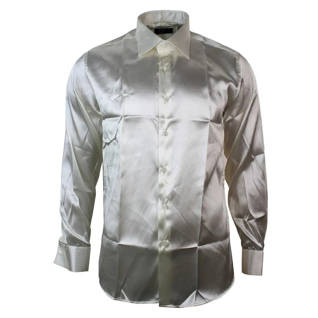 Mens Satin Silk Shirt Smart Casual Button Down Cuff Tailored Fit Shiny Party