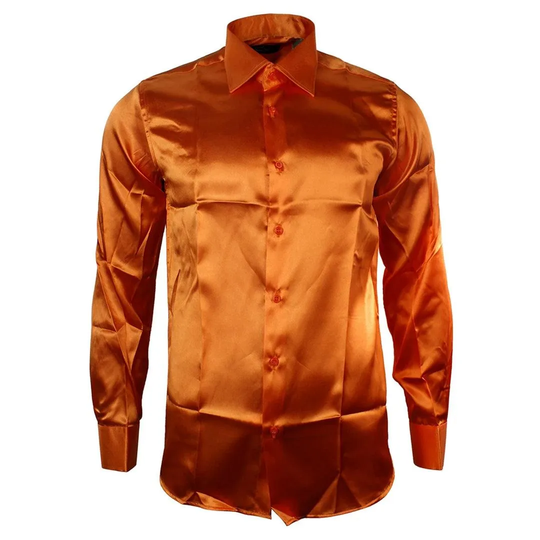 Mens Satin Silk Shirt Smart Casual Button Down Cuff Tailored Fit Shiny Party