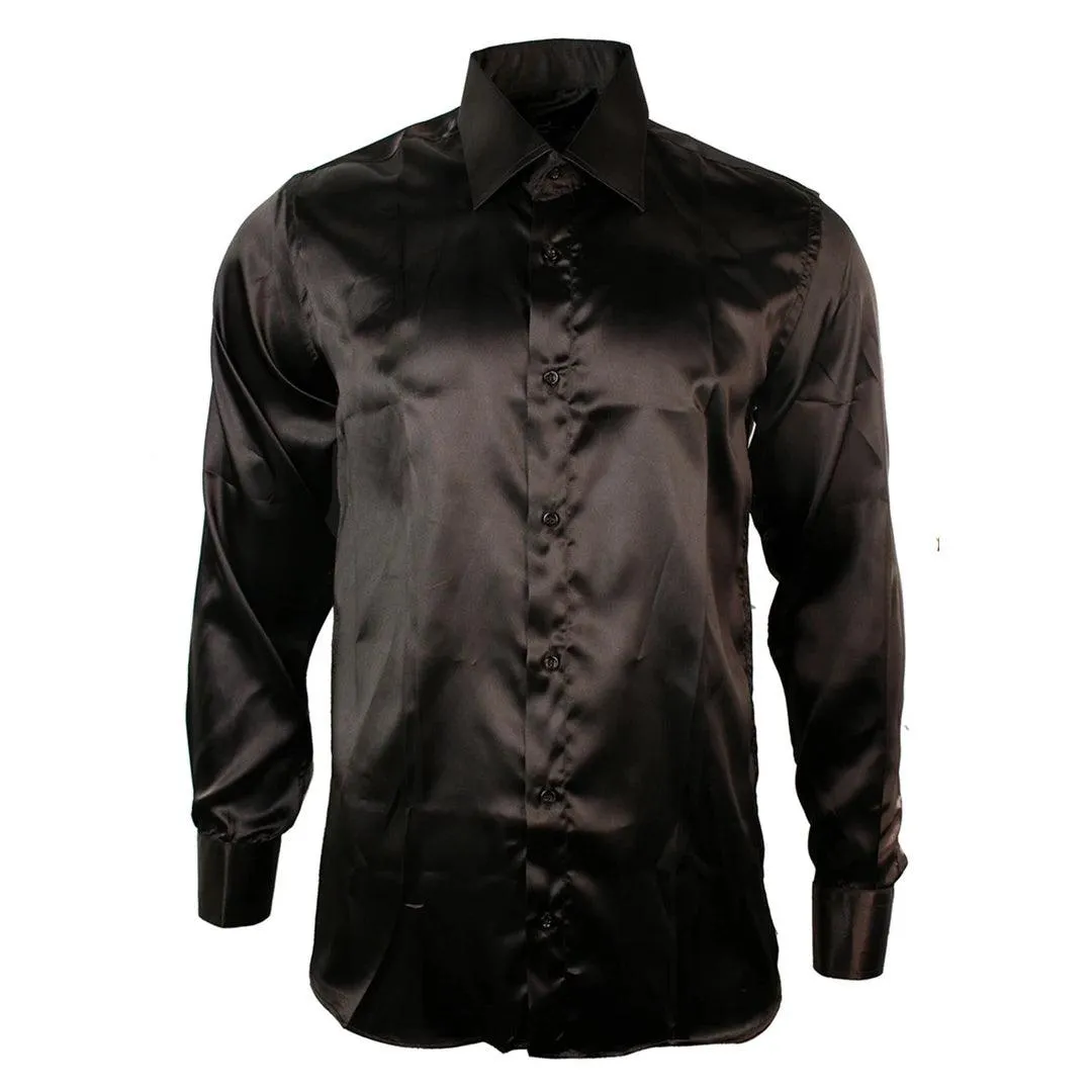 Mens Satin Silk Shirt Smart Casual Button Down Cuff Tailored Fit Shiny Party