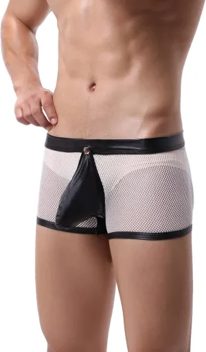 Men's Sexy Elephant Nose Underwear Mesh Front Closure Buckled See Through Hollow Out Underwear Erotic Breathable Boxer Briefs