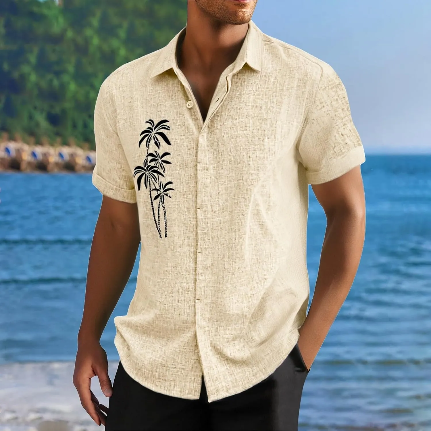 Mens Short Sleeve Button Down Shirts Retro Tropical Palm Print Summer Hawaiian Shirt Quick Dry Beach Vacation Tops
