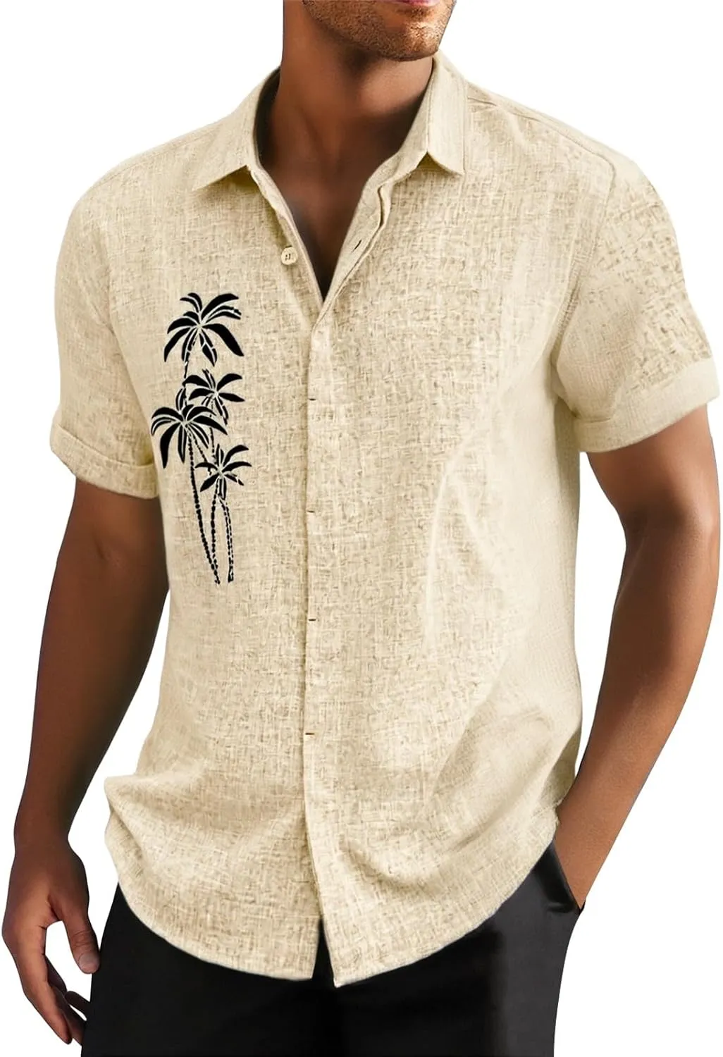 Mens Short Sleeve Button Down Shirts Retro Tropical Palm Print Summer Hawaiian Shirt Quick Dry Beach Vacation Tops