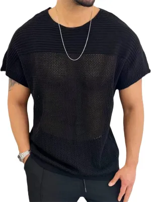 Men's Short Sleeve Pullover Shirts Crewneck Summer Casual Hollow Out Knit Tops Classic Lightweight Silm Fit Blouse