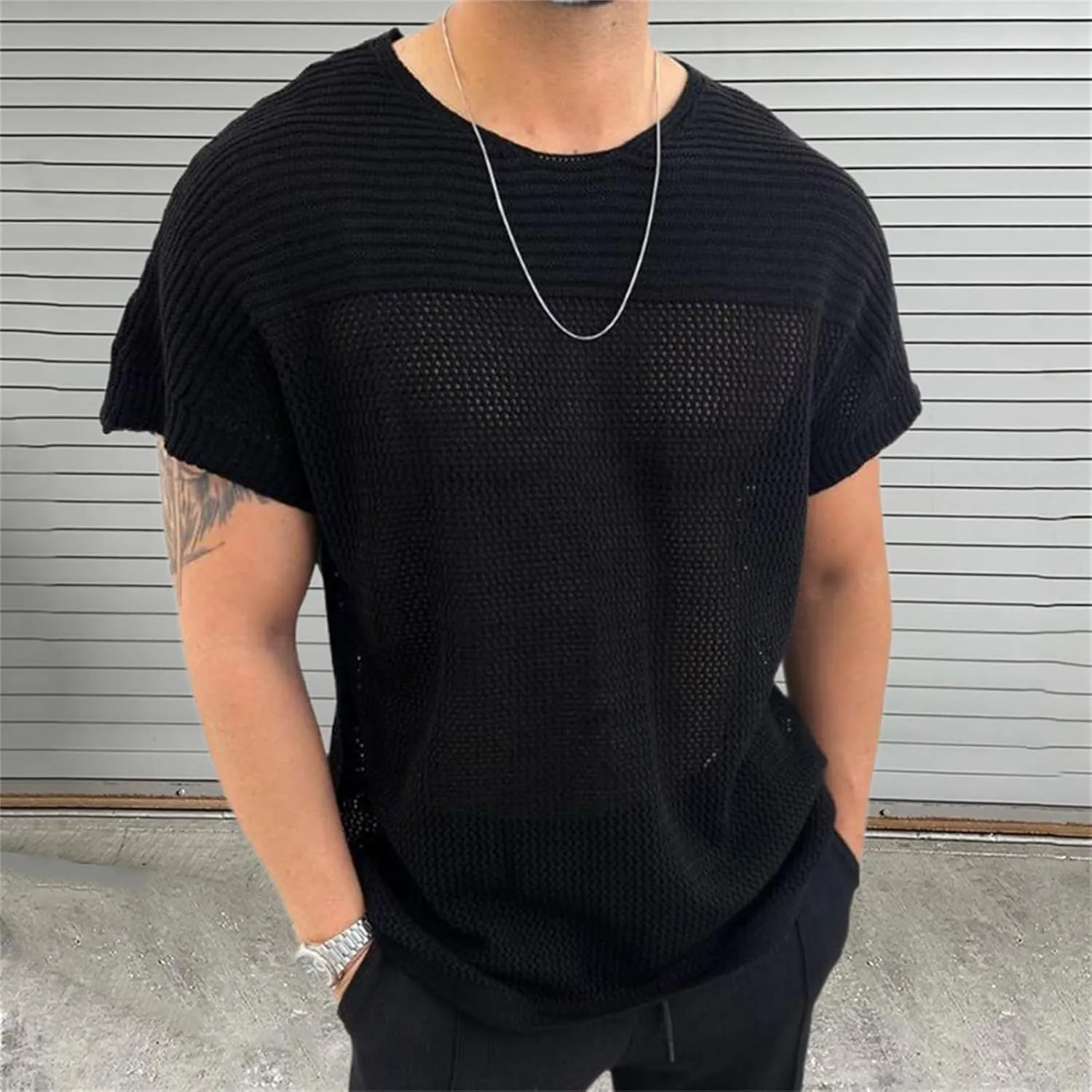 Men's Short Sleeve Pullover Shirts Crewneck Summer Casual Hollow Out Knit Tops Classic Lightweight Silm Fit Blouse