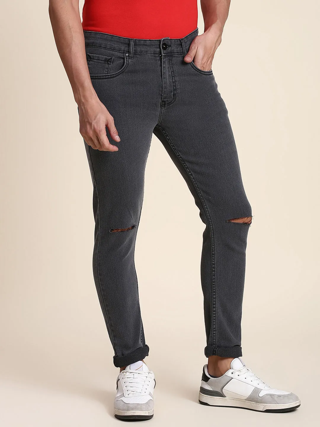 Men's Slim Fit Black Jeans With 5-Pockets Mid-Rise Stretchable Waistband & Belt Loops