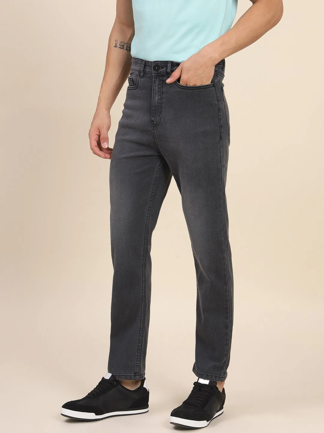 Men's Slim Fit Grey Denim Jeans Waistband With Belt Loops Has A Button Rivet And Zip Closure