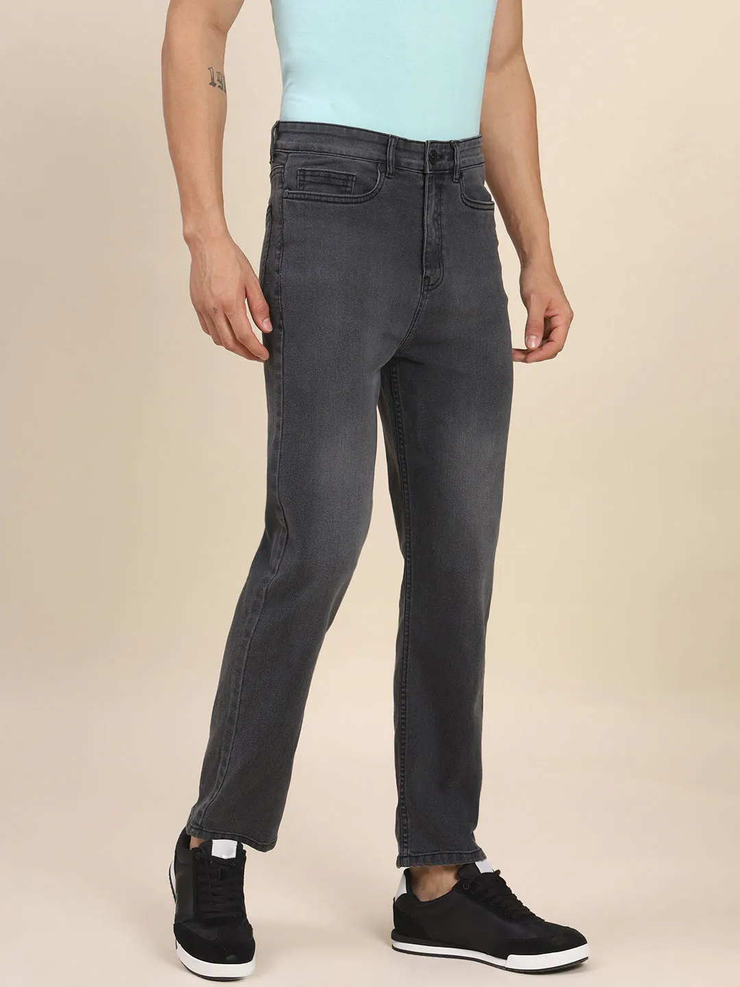 Men's Slim Fit Grey Denim Jeans Waistband With Belt Loops Has A Button Rivet And Zip Closure