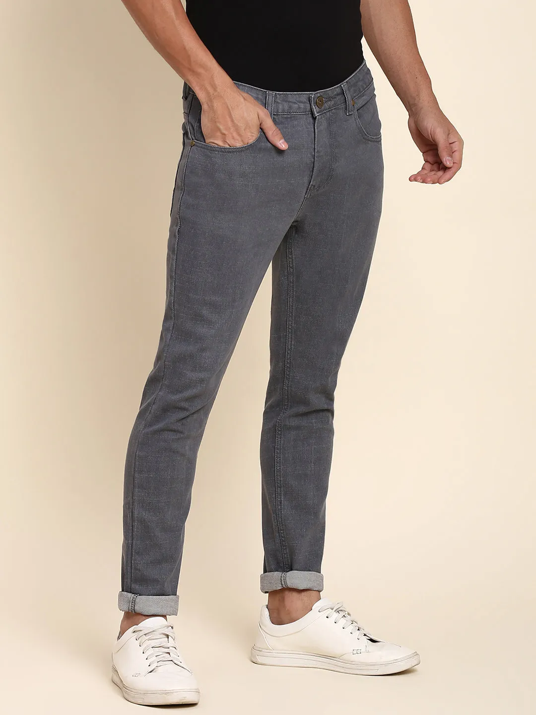 Men's Slim Fit Grey Jeans With 5-Pockets Mid-Rise Stretchable Waistband & Belt Loops