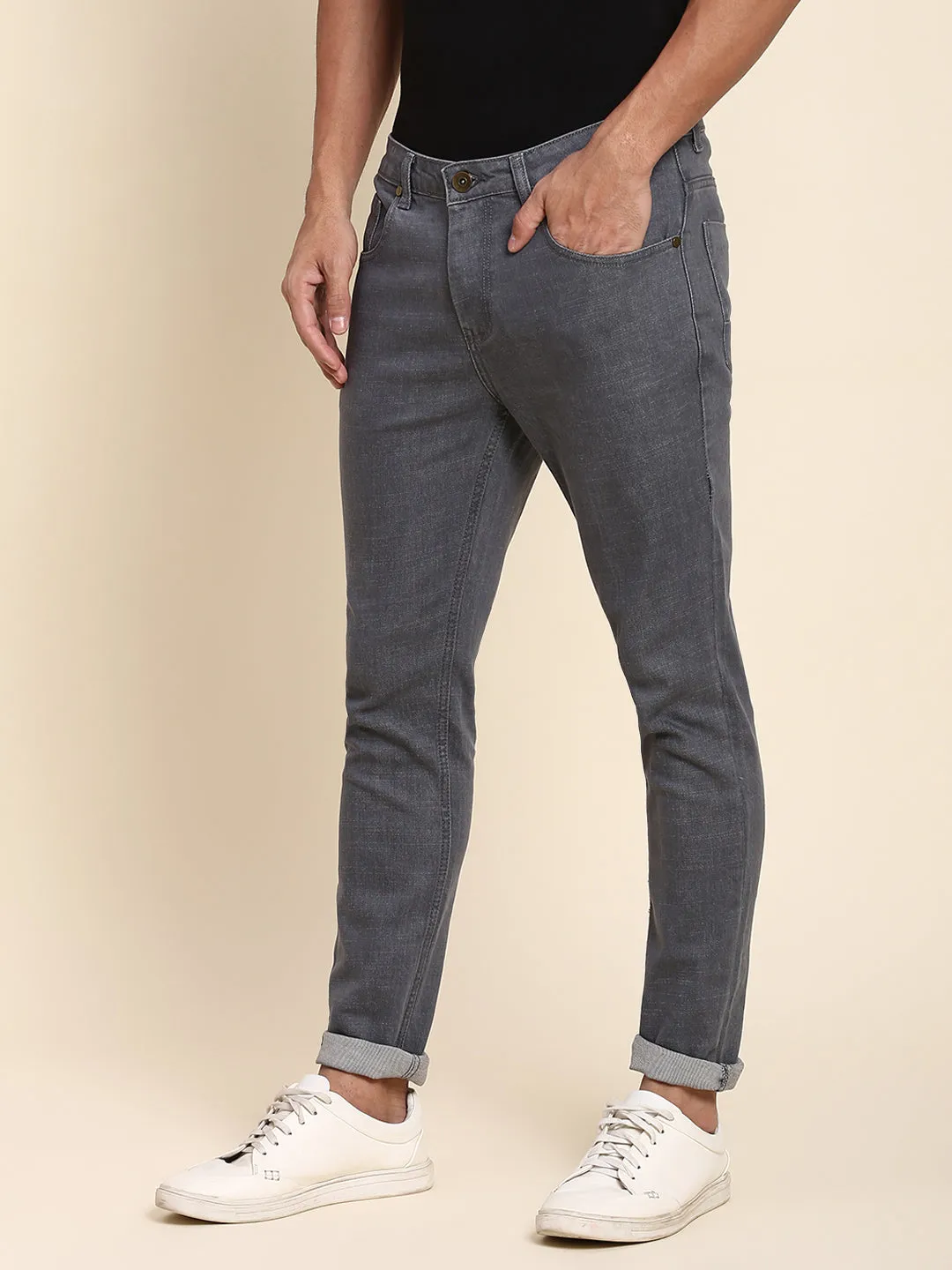 Men's Slim Fit Grey Jeans With 5-Pockets Mid-Rise Stretchable Waistband & Belt Loops