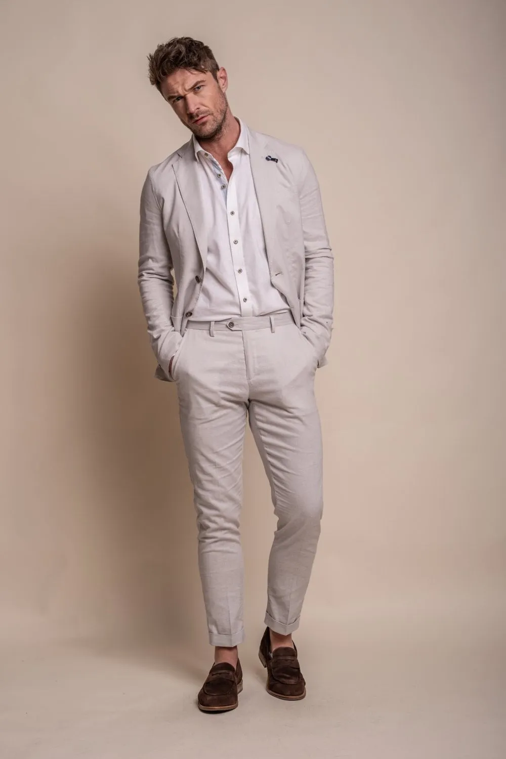 Men's Slim Fit Linen Jacket & Trousers Suit Set - ALVARI - Stone