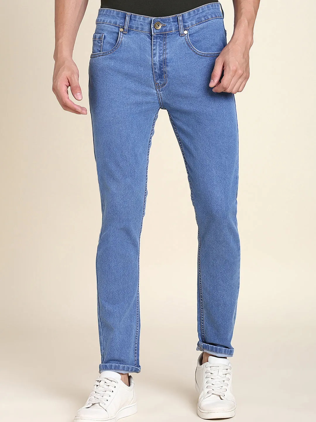 Men's Slim Fit Stretchable Denim Solid Jeans (Light Blue)