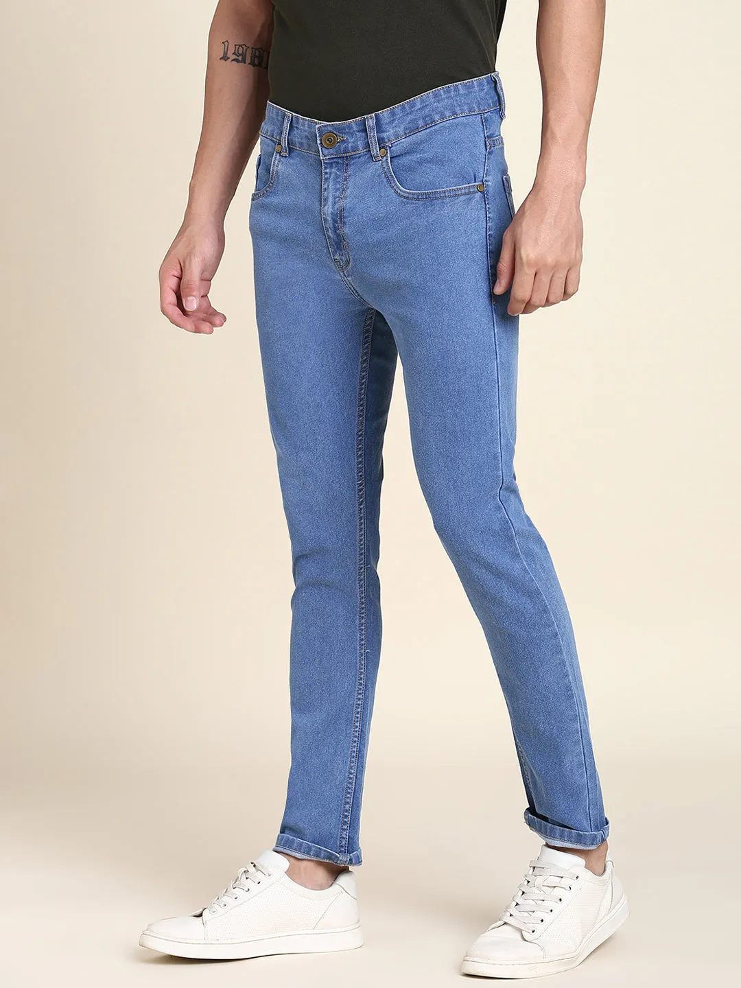Men's Slim Fit Stretchable Denim Solid Jeans (Light Blue)