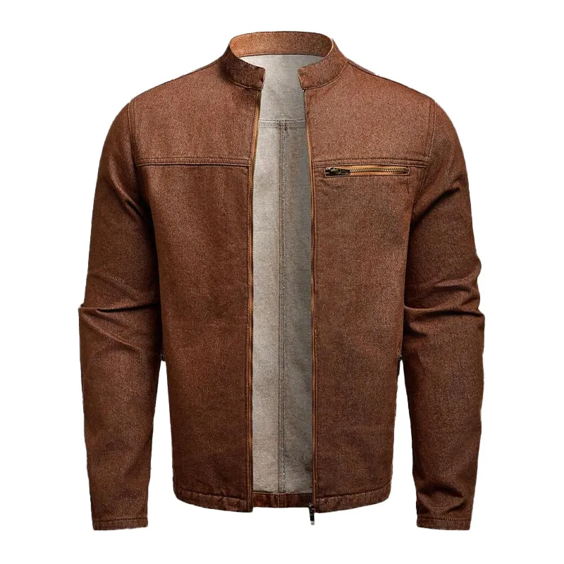 Men's Stand Collar Zipper Denim Jacket 00127669X