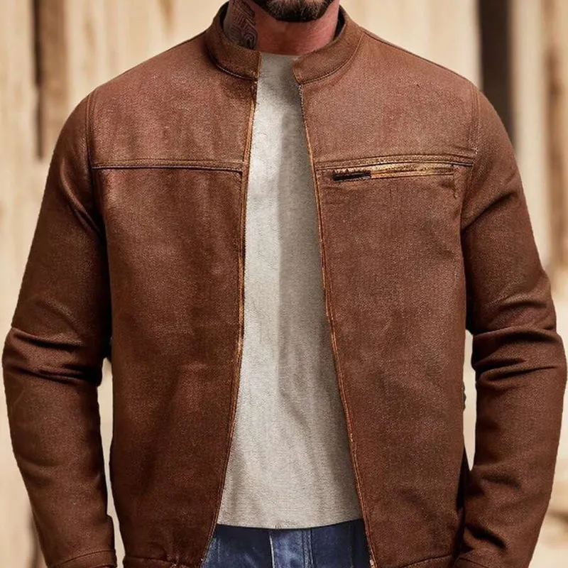 Men's Stand Collar Zipper Denim Jacket 00127669X