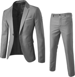 Mens Suits 2 Piece Tuxedo Suit Slim Fit Casual One Button Solid Color Business Wedding Party Jacket Blazer & Pants Set