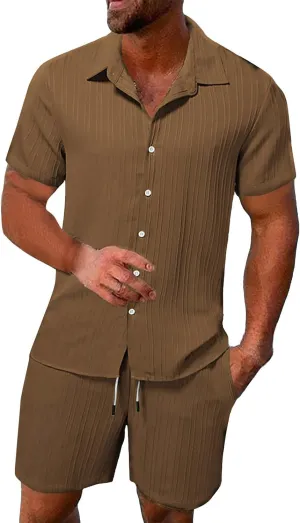 Mens Summer Beach Outfits 2 Piece Short Sleeve Button Up Hawaiian Shirts and Shorts Casual Vacation Texture Linen Set