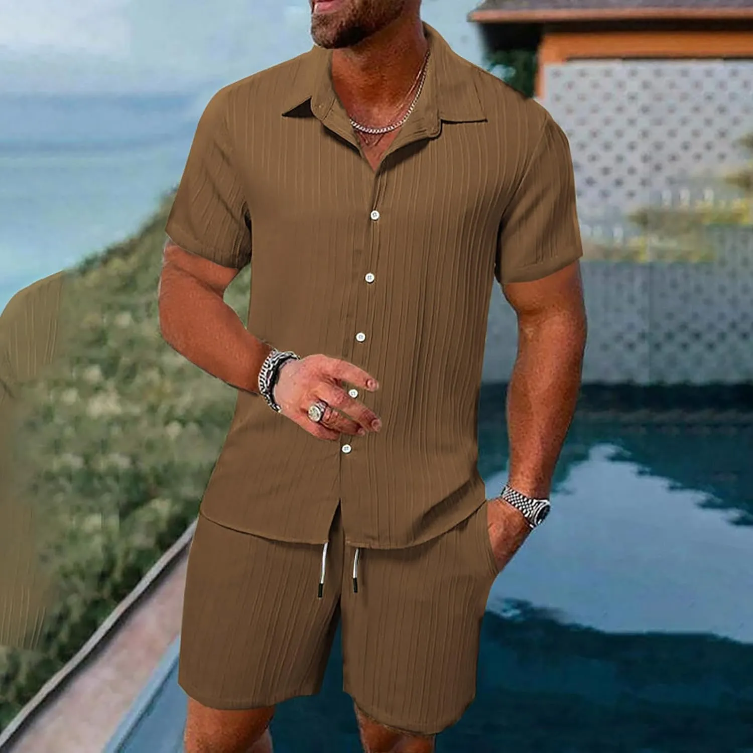Mens Summer Beach Outfits 2 Piece Short Sleeve Button Up Hawaiian Shirts and Shorts Casual Vacation Texture Linen Set