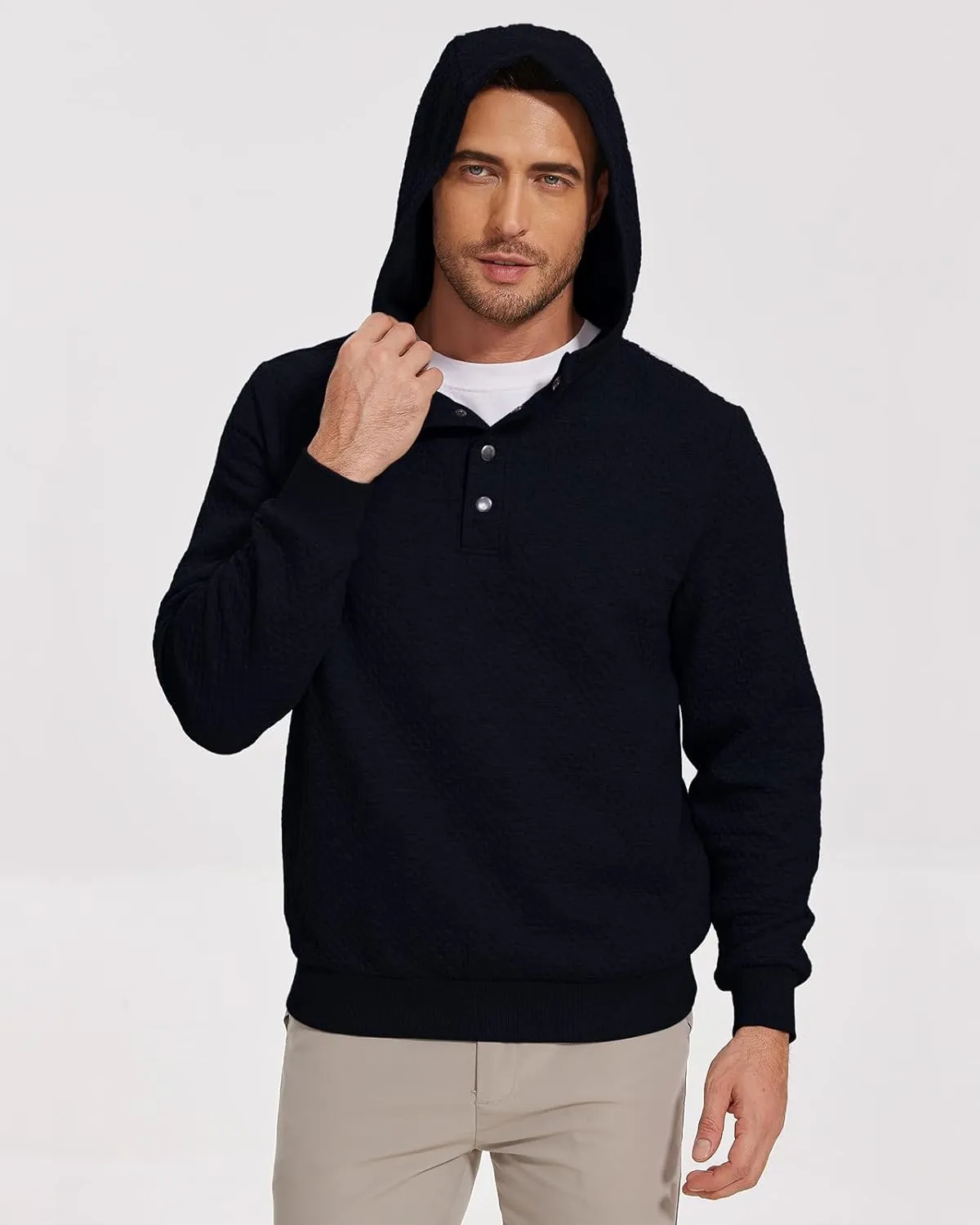 Mens Sweater Hoodies Quilted Sweatshirts Quarter Button Fit Itch-Free Knit Pullover Sweaters Long Sleeve Fall Winter