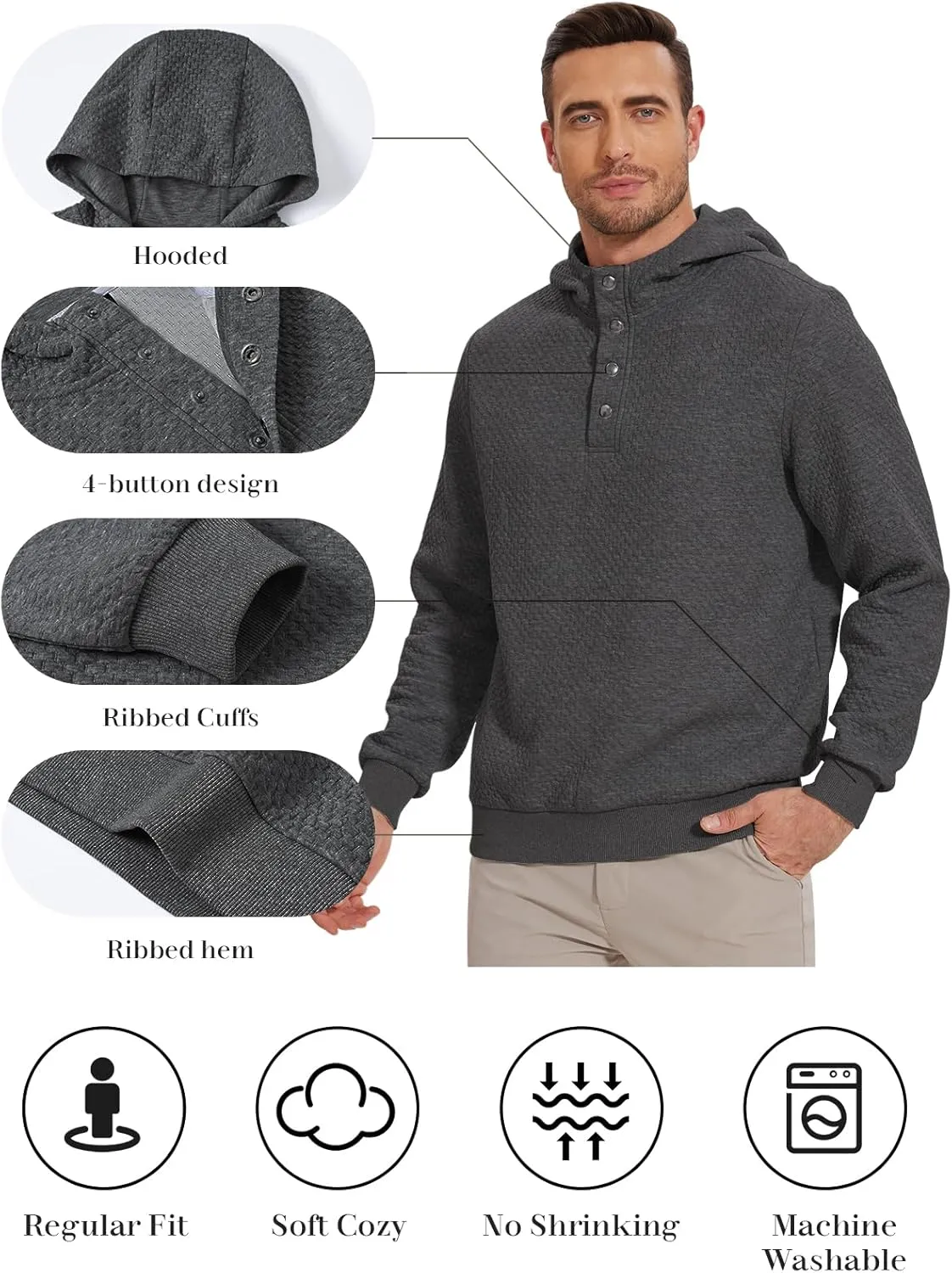 Mens Sweater Hoodies Quilted Sweatshirts Quarter Button Fit Itch-Free Knit Pullover Sweaters Long Sleeve Fall Winter