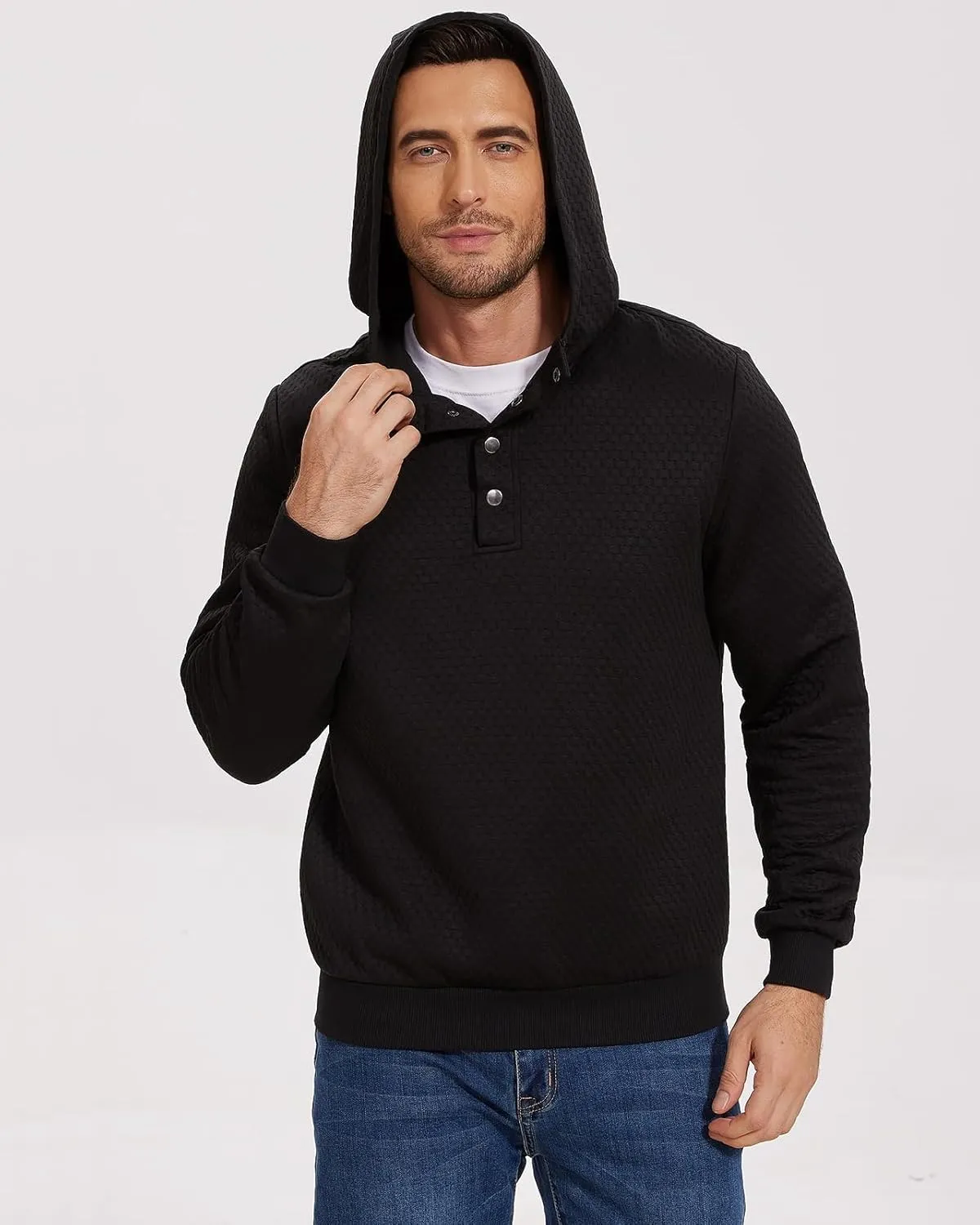Mens Sweater Hoodies Quilted Sweatshirts Quarter Button Fit Itch-Free Knit Pullover Sweaters Long Sleeve Fall Winter