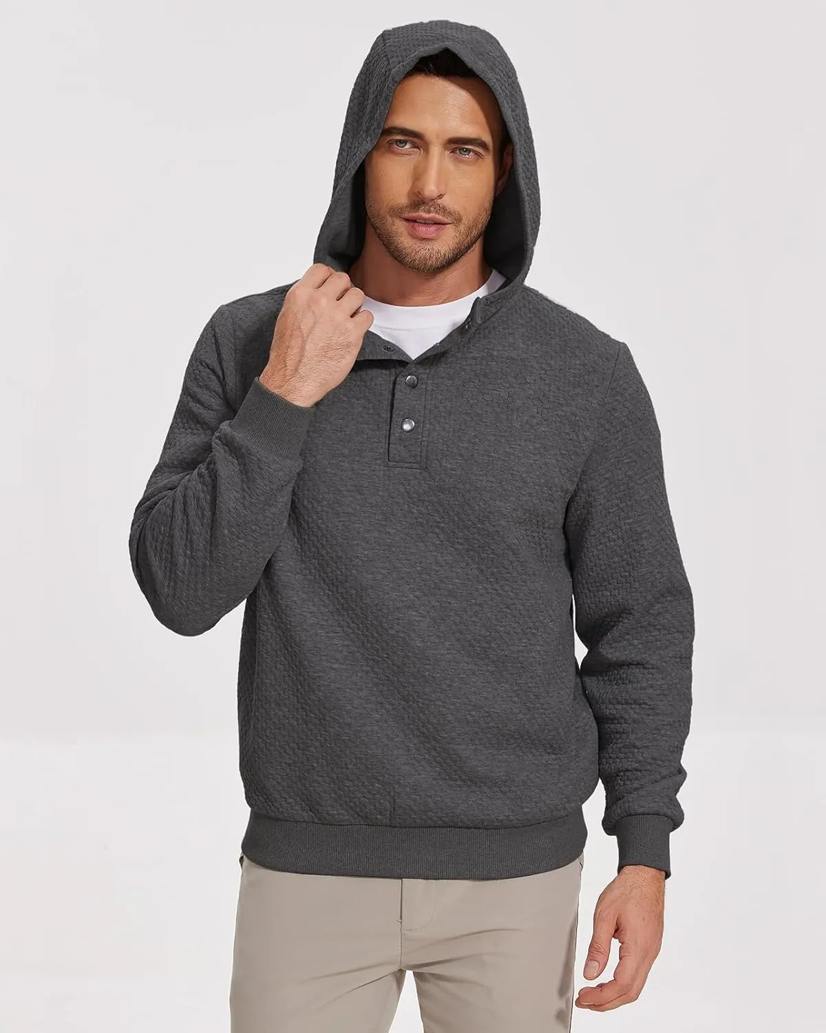 Mens Sweater Hoodies Quilted Sweatshirts Quarter Button Fit Itch-Free Knit Pullover Sweaters Long Sleeve Fall Winter