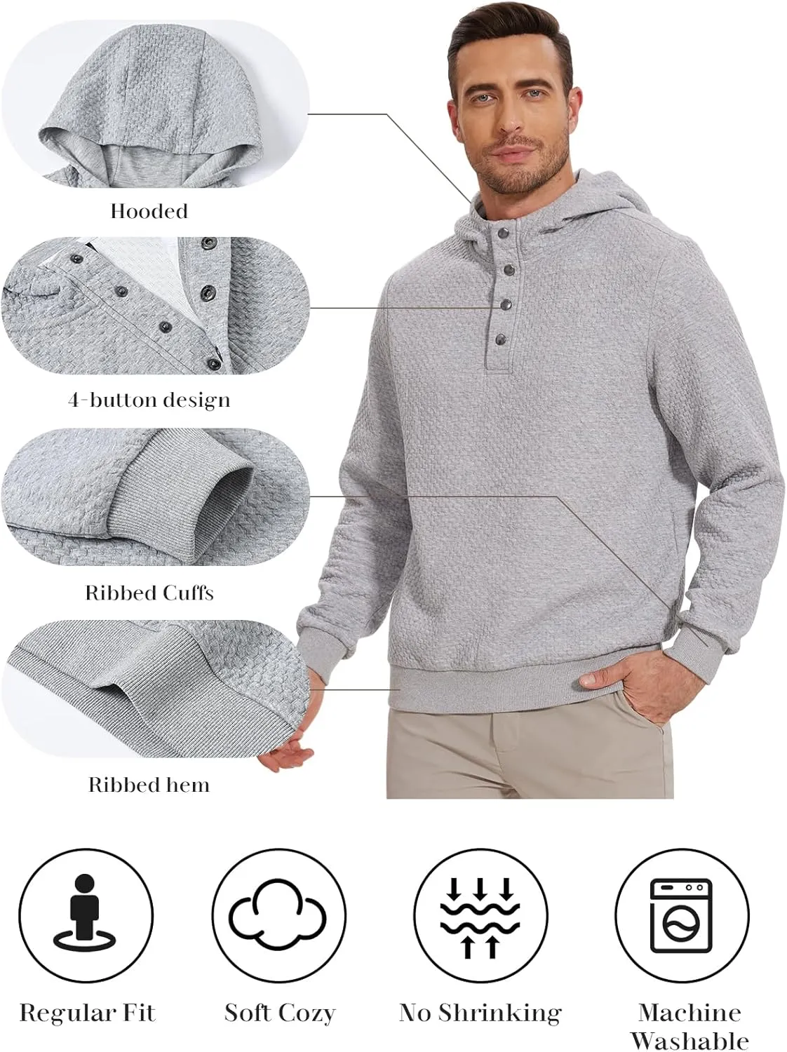 Mens Sweater Hoodies Quilted Sweatshirts Quarter Button Fit Itch-Free Knit Pullover Sweaters Long Sleeve Fall Winter