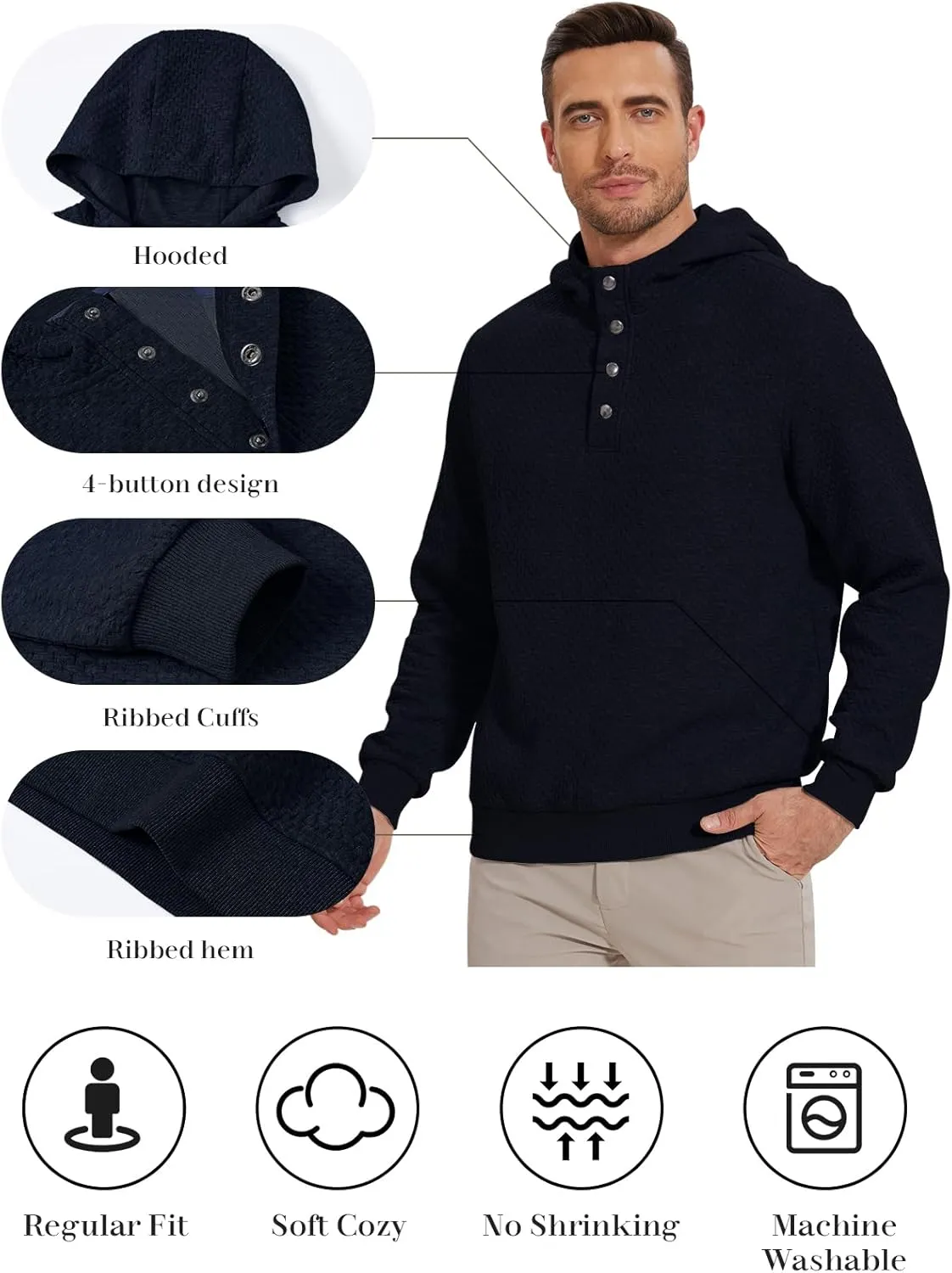 Mens Sweater Hoodies Quilted Sweatshirts Quarter Button Fit Itch-Free Knit Pullover Sweaters Long Sleeve Fall Winter