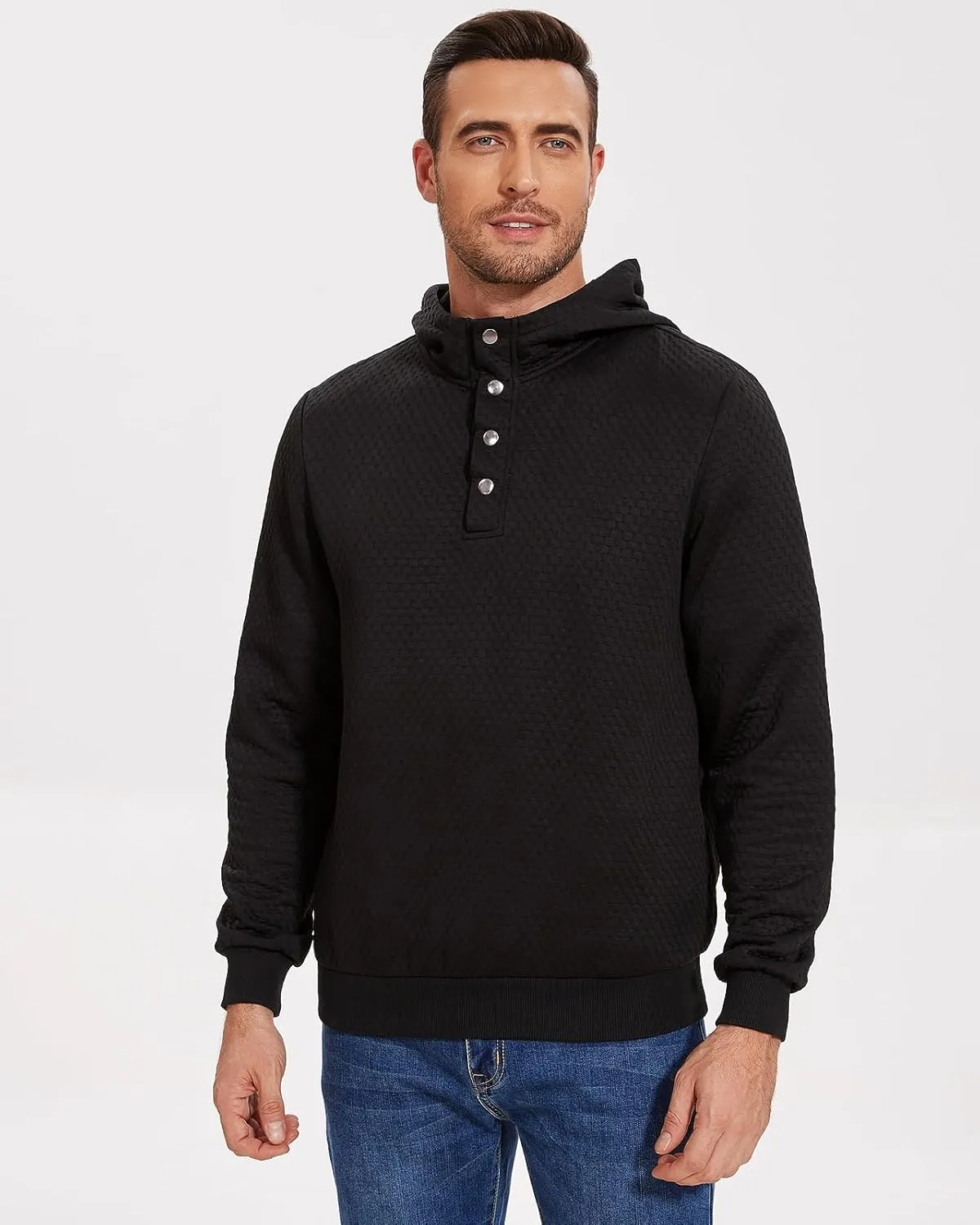 Mens Sweater Hoodies Quilted Sweatshirts Quarter Button Fit Itch-Free Knit Pullover Sweaters Long Sleeve Fall Winter