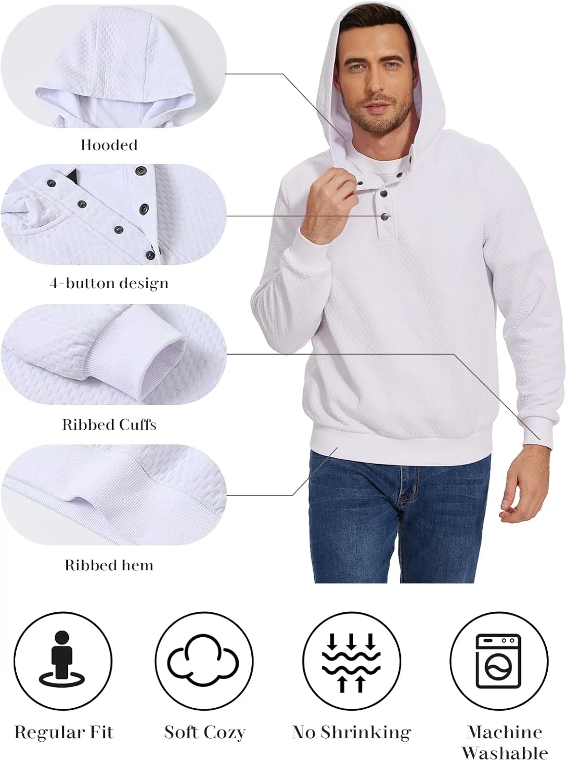 Mens Sweater Hoodies Quilted Sweatshirts Quarter Button Fit Itch-Free Knit Pullover Sweaters Long Sleeve Fall Winter