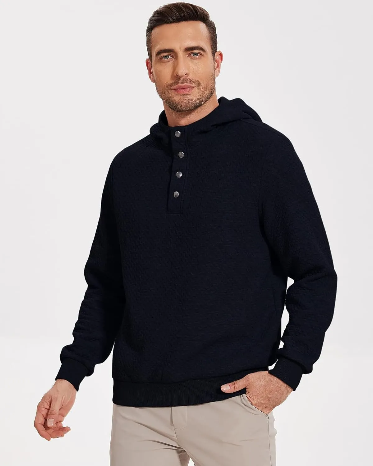 Mens Sweater Hoodies Quilted Sweatshirts Quarter Button Fit Itch-Free Knit Pullover Sweaters Long Sleeve Fall Winter