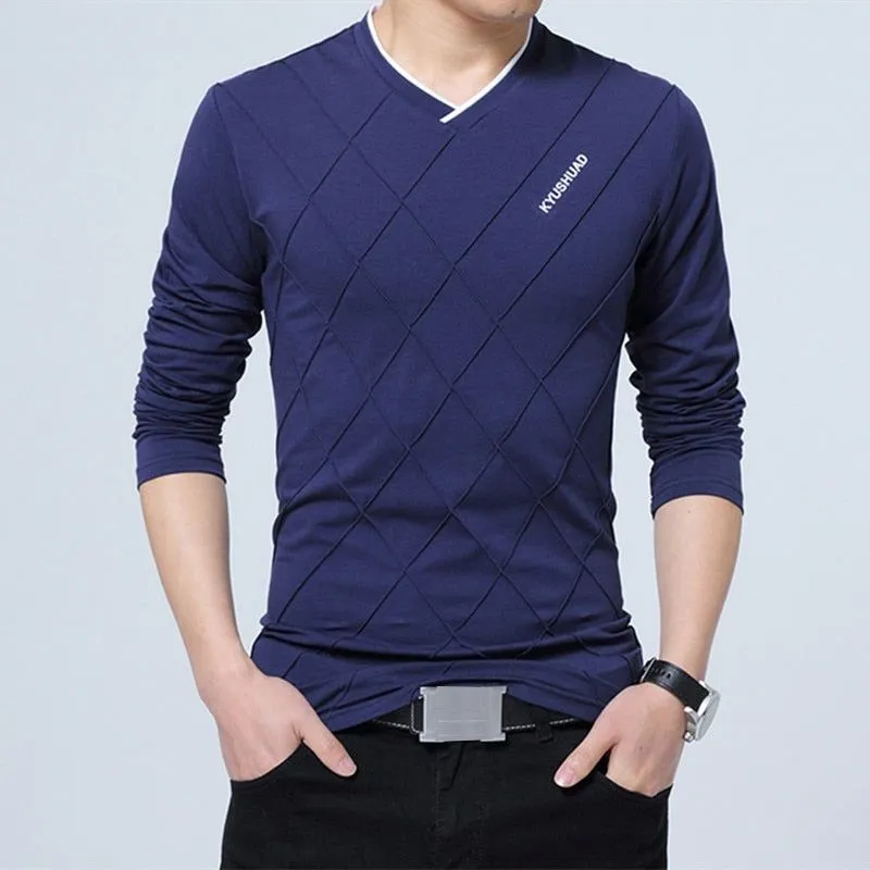 Men's T-shirt Slim Fit High V-Neck Long Sleeve With Geometric Detail Sizes Up to 5XL