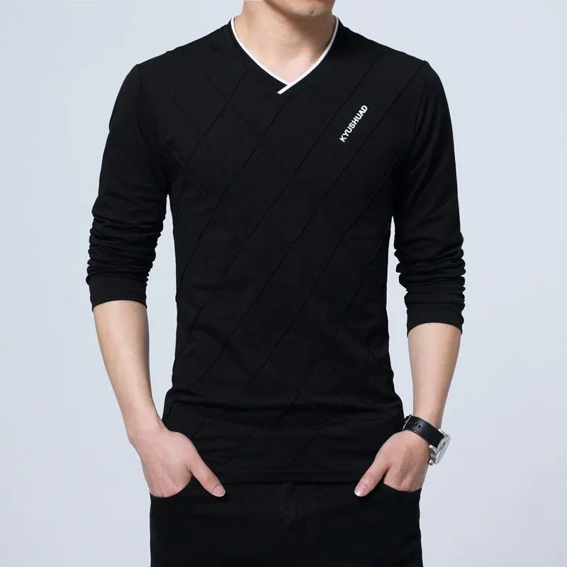 Men's T-shirt Slim Fit High V-Neck Long Sleeve With Geometric Detail Sizes Up to 5XL
