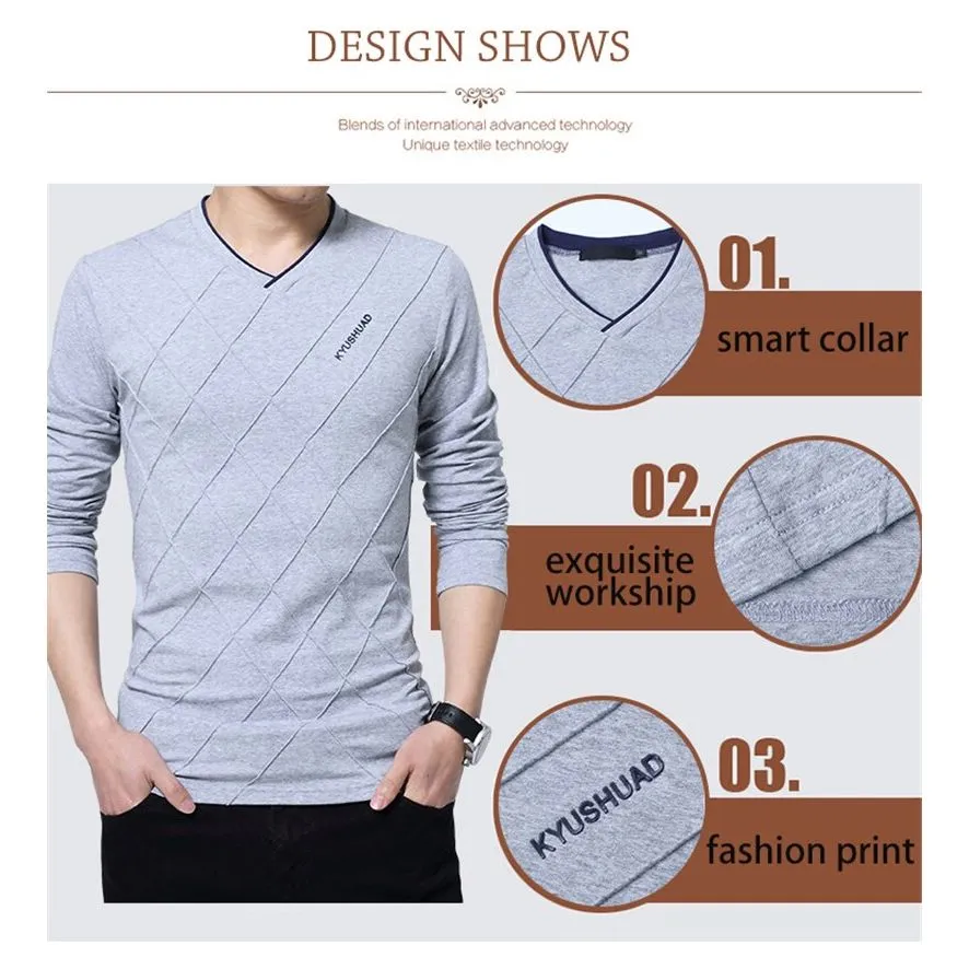 Men's T-shirt Slim Fit High V-Neck Long Sleeve With Geometric Detail Sizes Up to 5XL