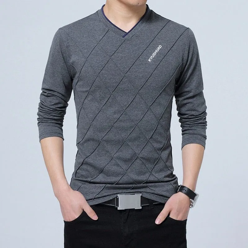Men's T-shirt Slim Fit High V-Neck Long Sleeve With Geometric Detail Sizes Up to 5XL