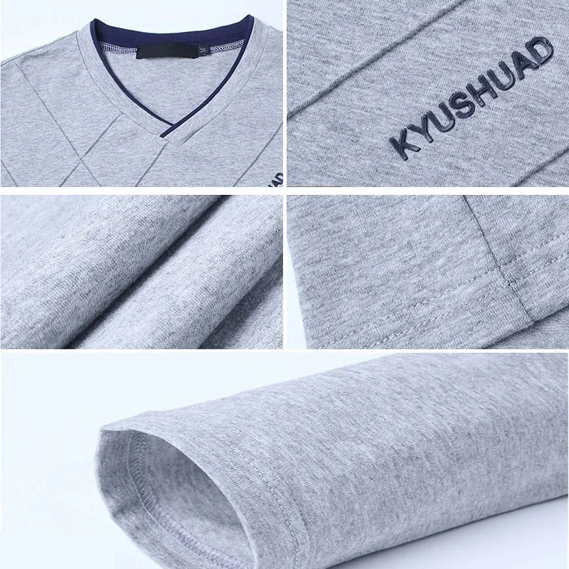 Men's T-shirt Slim Fit High V-Neck Long Sleeve With Geometric Detail Sizes Up to 5XL