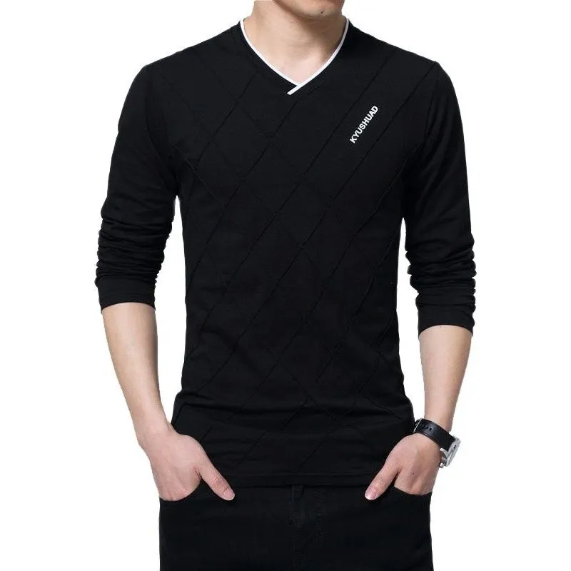 Men's T-shirt Slim Fit High V-Neck Long Sleeve With Geometric Detail Sizes Up to 5XL