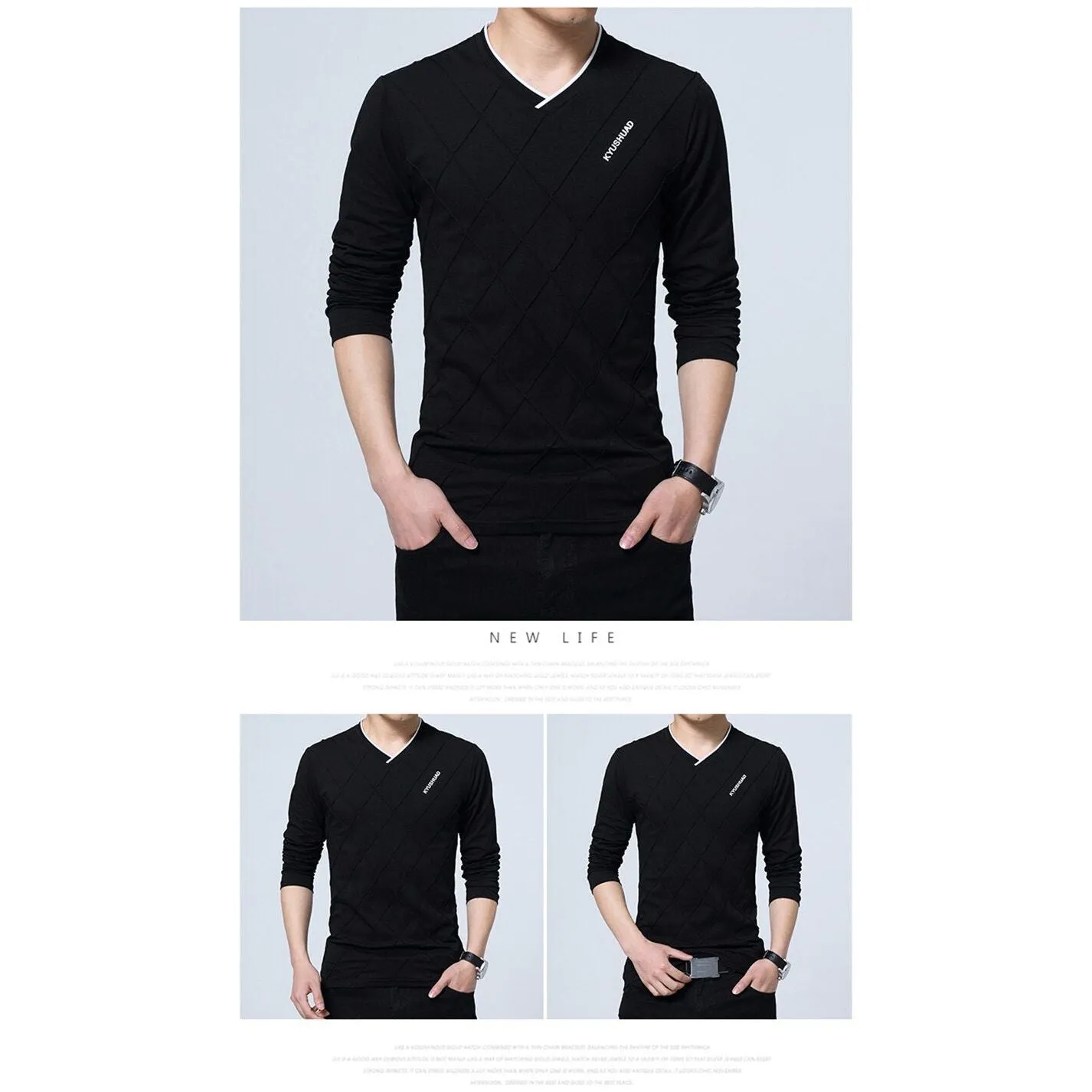 Men's T-shirt Slim Fit High V-Neck Long Sleeve With Geometric Detail Sizes Up to 5XL