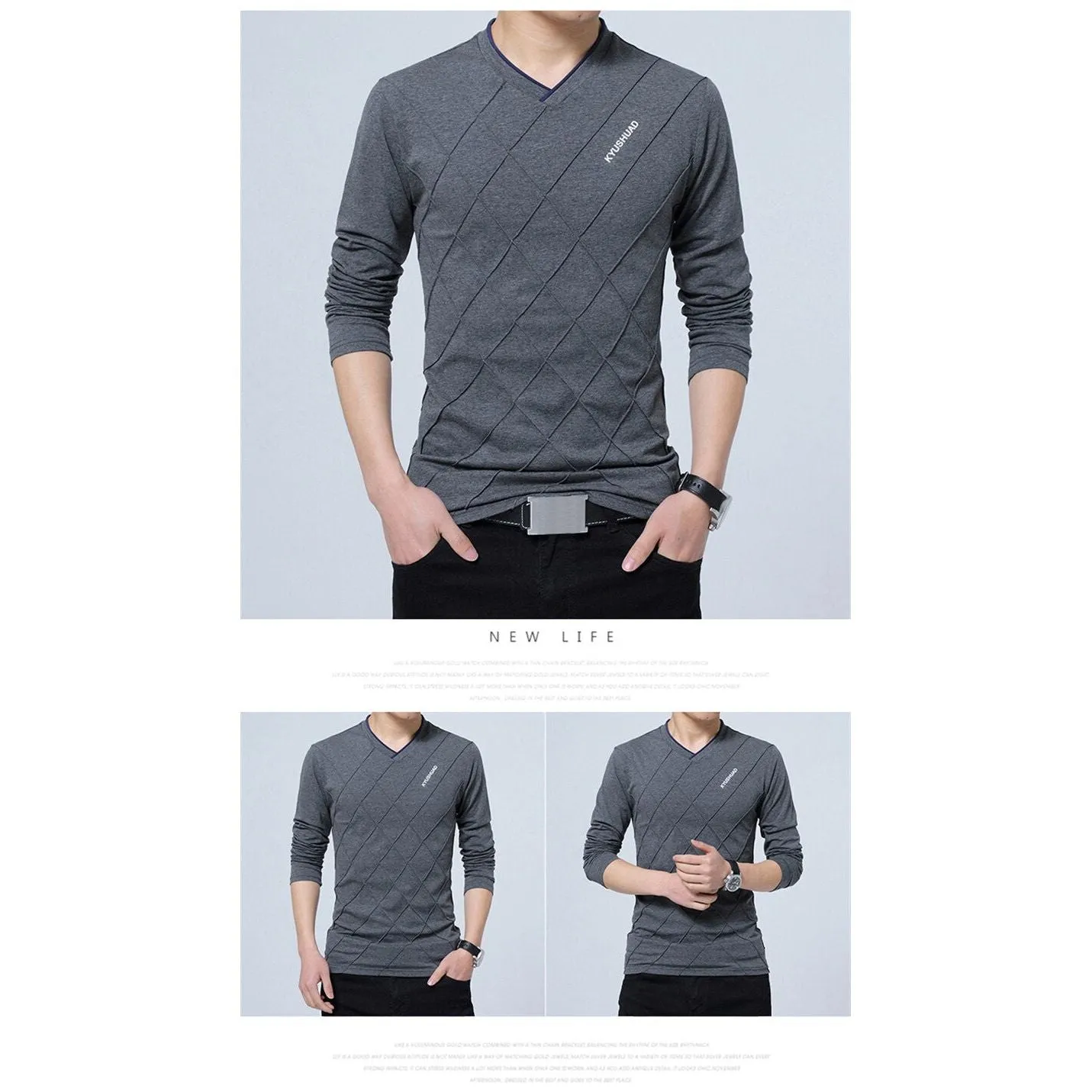 Men's T-shirt Slim Fit High V-Neck Long Sleeve With Geometric Detail Sizes Up to 5XL