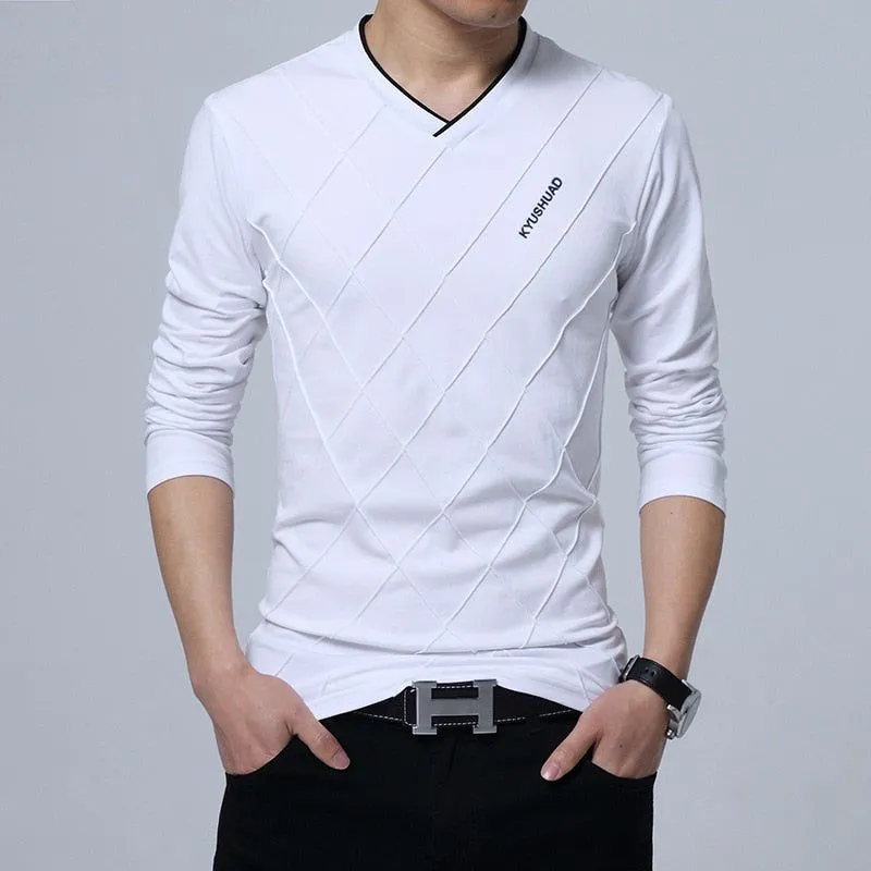 Men's T-shirt Slim Fit High V-Neck Long Sleeve With Geometric Detail Sizes Up to 5XL