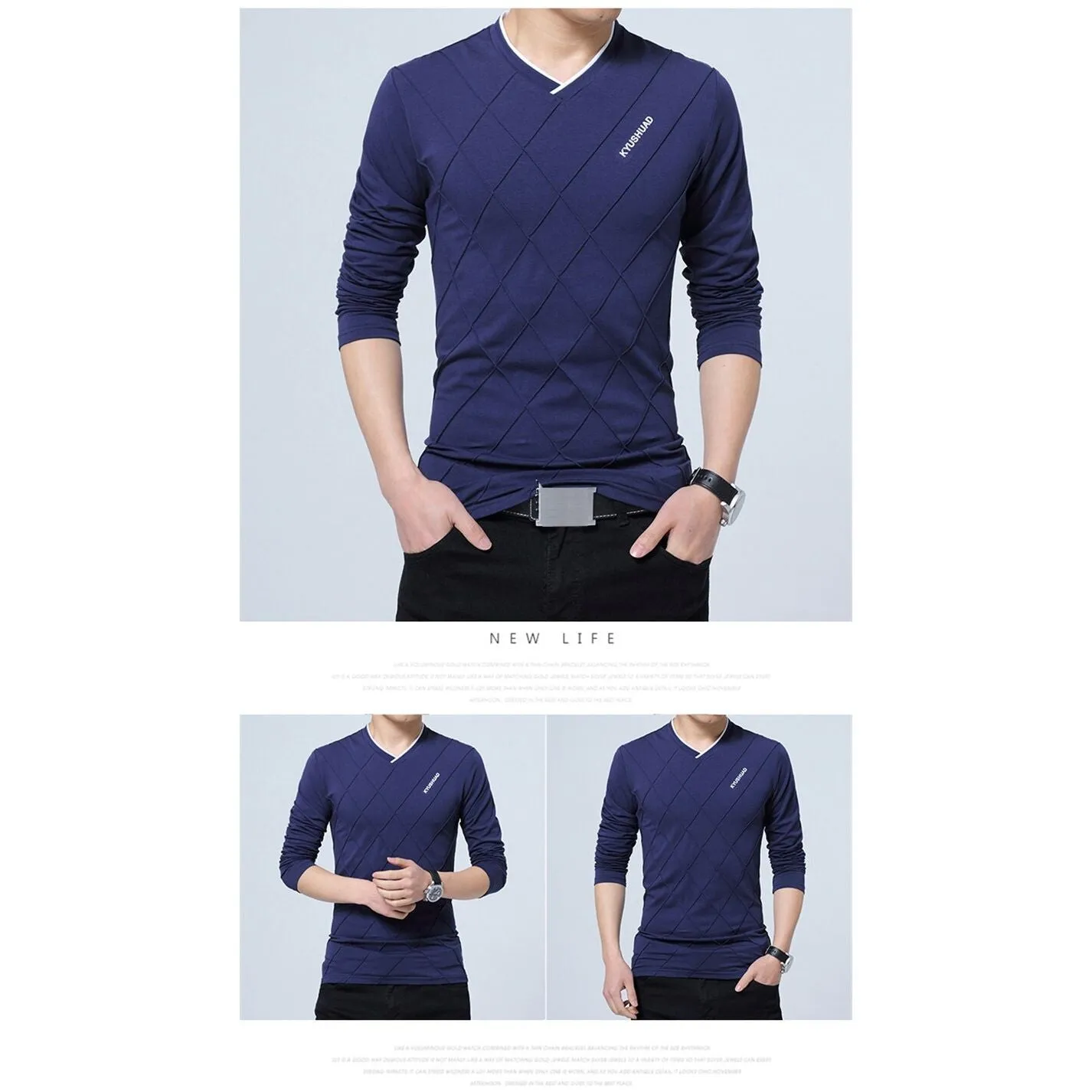 Men's T-shirt Slim Fit High V-Neck Long Sleeve With Geometric Detail Sizes Up to 5XL