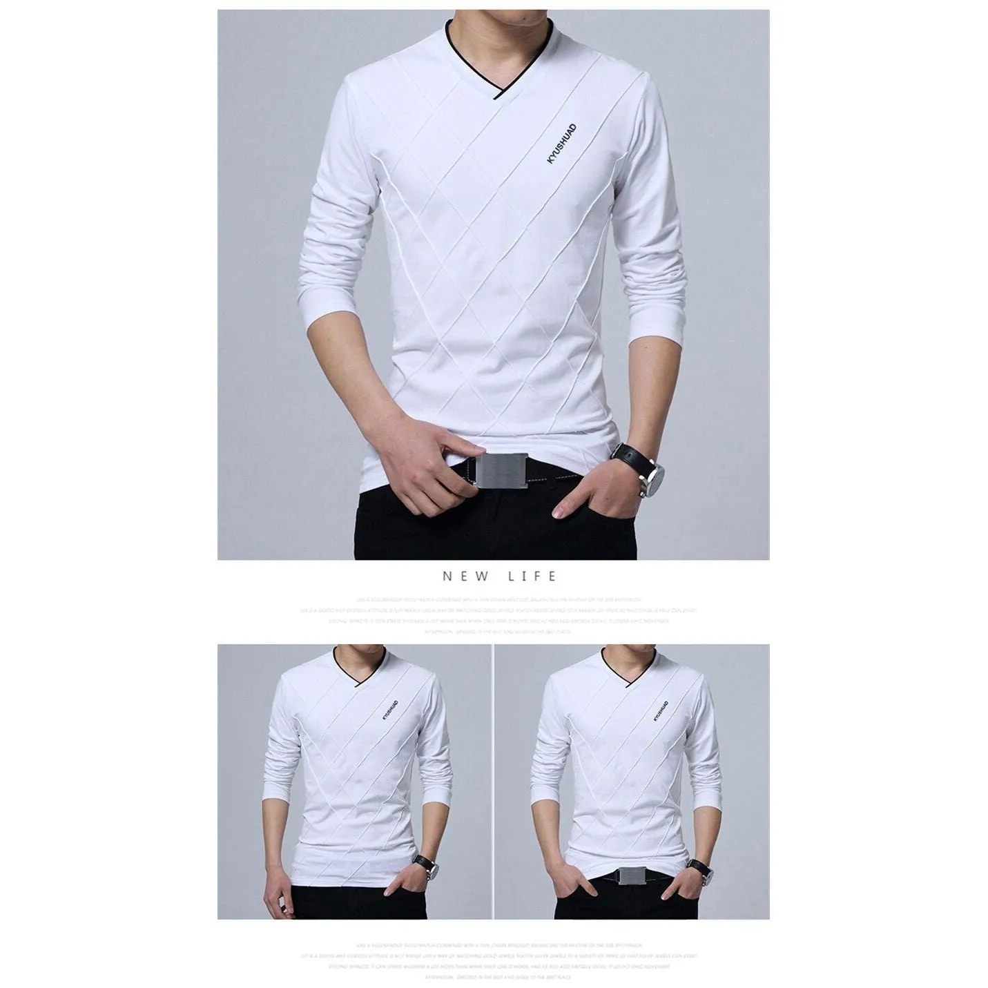 Men's T-shirt Slim Fit High V-Neck Long Sleeve With Geometric Detail Sizes Up to 5XL