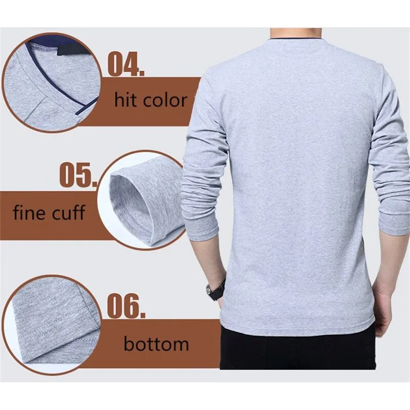 Men's T-shirt Slim Fit High V-Neck Long Sleeve With Geometric Detail Sizes Up to 5XL