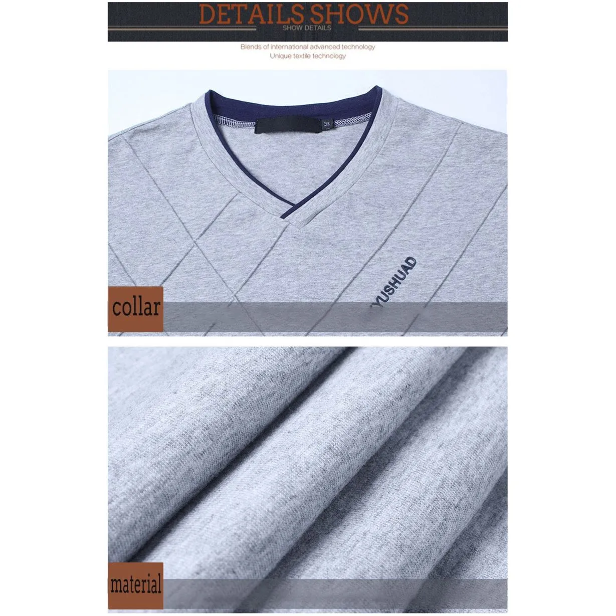 Men's T-shirt Slim Fit High V-Neck Long Sleeve With Geometric Detail Sizes Up to 5XL