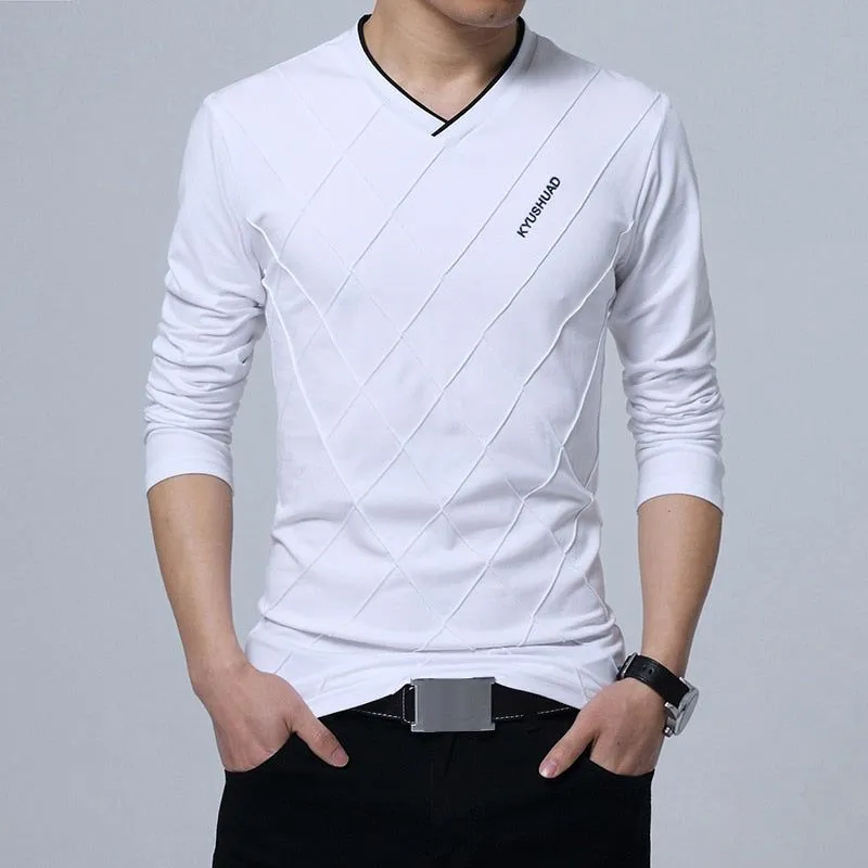 Men's T-shirt Slim Fit High V-Neck Long Sleeve With Geometric Detail Sizes Up to 5XL
